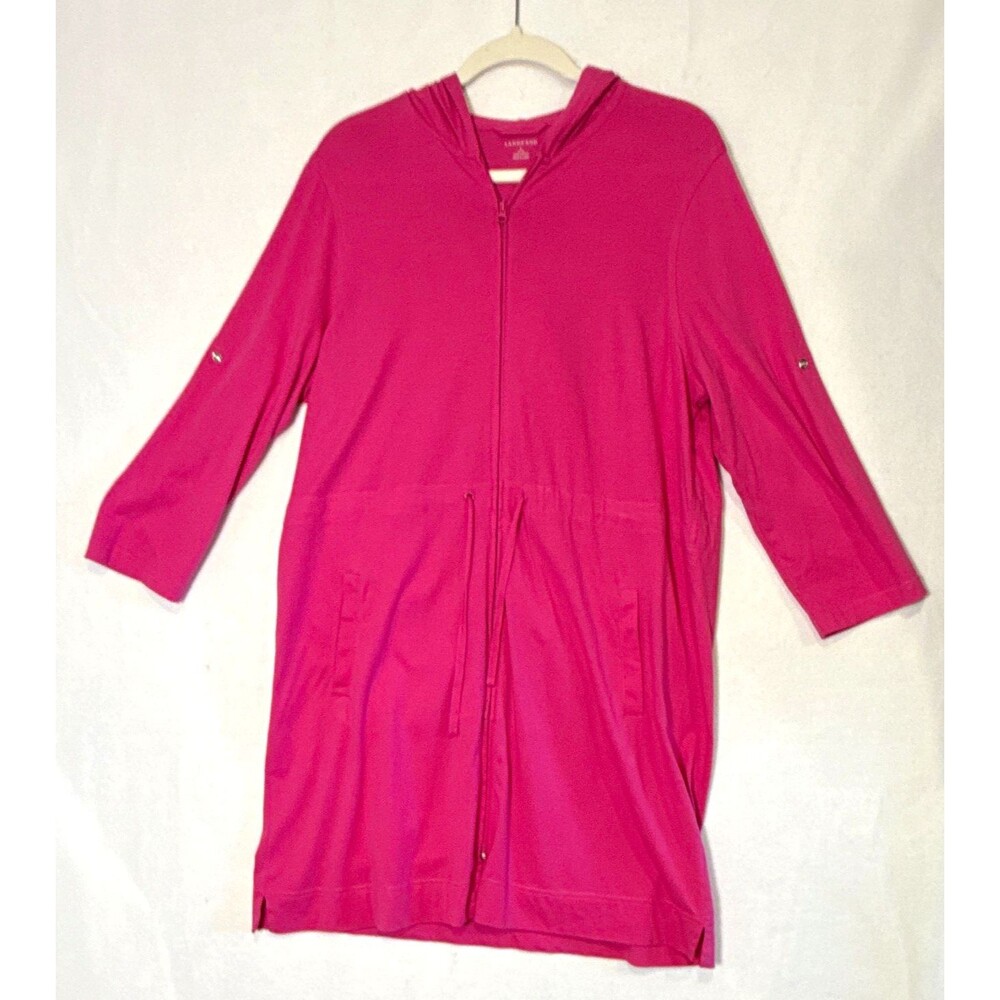 Lands' End Pink Full Zip Hoodie Tunic Dress Sz LG Swim Cover-Up Drawstring Waist